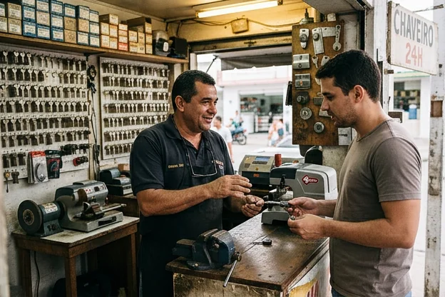 Chaveiro em conversa com cliente em São Gonçalo do Amarante.
